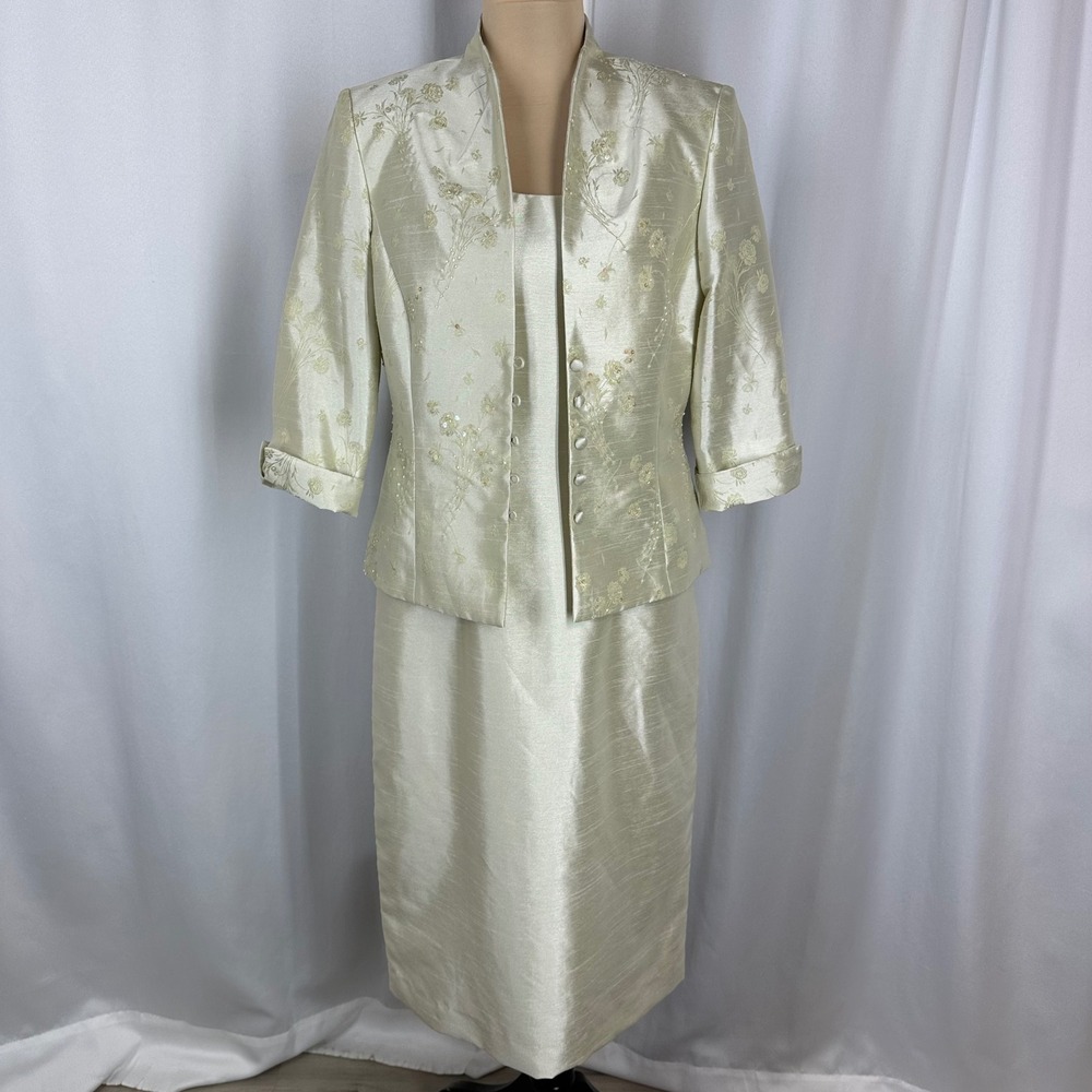 Jessica Howard Petite 2 Pc Dress Jacket Set Size 6P Green Floral Embellished